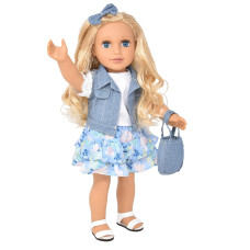 18 Inch Girl Doll Fashion Doll With Fine Blond Long Hair For Styling Blue Eyes Floral Outfit Denim Jacket Sandals Boots Hair