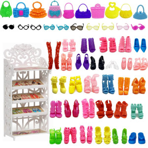 Highfun Doll Shoes Rack 30 Pairs Doll Shoes 10 Doll Handbags 10 Doll Glasses Replacement Fashion Playset Accessories Different