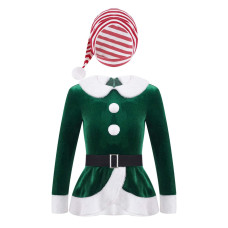 Yartina Kids Girls Christmas Mrs Santa Claus Costume Faux Fur Velvet Dress Dancewear Figure Ice Skating Outfits Greenhat 12