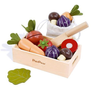 Pairpear Wooden Play Food Cutting Vegetables Set - Wooden Toys For Toddlers Toy Food Play Kitchen Accessories