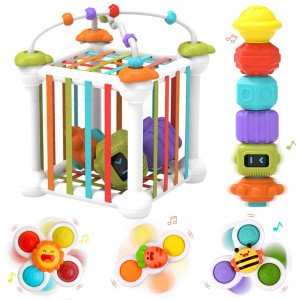 Qiuxqiu Baby Shape Sorting Toyssensory Sorting Bin With 3 Pcs Suction Cup Spinner Toycolorful Shape Sorter Boxshape Sorter Tr