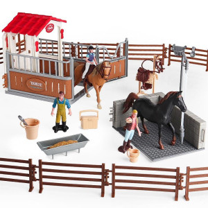 Rcomg Horse Stable Figurines Playset 31 Pieces Horse Club With Horse Wash Area And Fence Figures Barn Horse Toys Gift For Girl