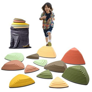 Makarci Stepping Stones For Kids 12Pcs Obstacle Courses Play Indoor Outdoor, Full Rubber Rim Plastic Hilltop For Kids Balance And Integration Improvement Age 3 4 5 6 7 8 + (Forest)