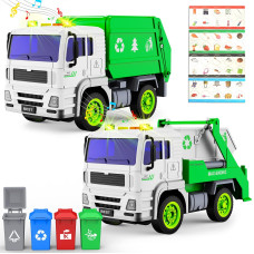 Gizmovine Garbage Truck Toys 2 Pack Trash Truck Toys With Light And Sound Frictionpowered Back Dump Garbage Recycling Truck T