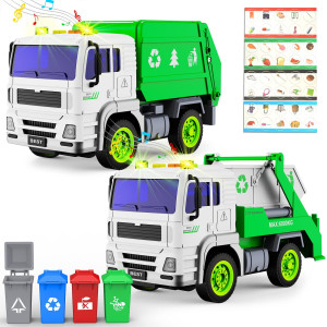 Gizmovine Garbage Truck Toys 2 Pack Trash Truck Toys With Light And Sound Frictionpowered Back Dump Garbage Recycling Truck T