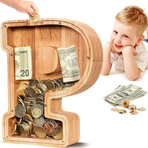 Summidate Wooden Letter Piggy Bank| Piggy Bank For Boys Girls Toddler| Alphabet P Money Bank| Coin Bank Birthday Gift For Kids|2024 Graduation Money Box (P)