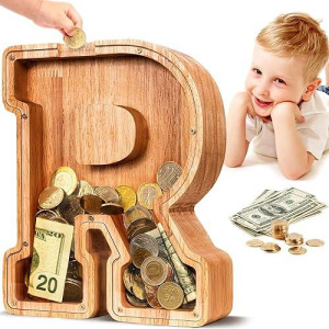 Summidate Wooden Letter Piggy Bank| Piggy Bank For Boys Girls Toddler| Alphabet R Money Bank| Coin Bank Birthday Gift For Kids|2024 Graduation Money Box (R)