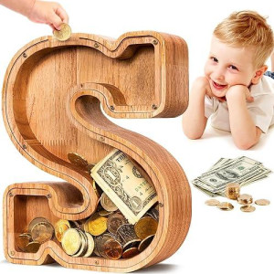 Summidate Wooden Letter Piggy Bank| Piggy Bank For Boys Girls Toddler| Alphabet S Money Bank| Coin Bank Birthday Gift For Kids|2024 Graduation Money Box (S)