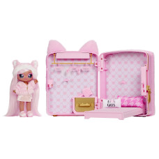 Na Na Na Surprise 3In1 Bedroom Playset Reena De La Rosa Fashion Doll Fuzzy Pink Kitty Backpack Closet With Pillows Blan