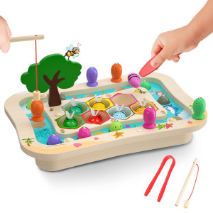 Smilebank Wooden Montessori Toys For 2 3 4 Year Old Toddler Toys Educational Learning Toys Magnetic Fishing Game Bee Color Sort