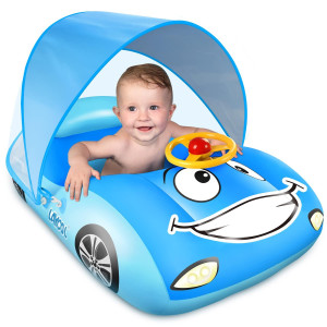 Laycol Baby Pool Float With Upf50 Adjustable Canopy Car Shaped Baby Swimming Float Infant Baby Floatie Toddler Pool Float For B