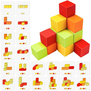 Nitoy Wooden Cube Toy 16Pcs Building Blocks For Kids 40 Pattern Cards And Storage Pouch 4 Colors 3D Space Stacking Game Stem Ed