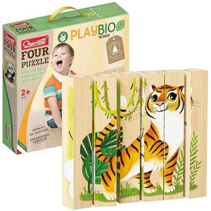 Quercetti Four Puzzle Endangered Animals - Turn And Stack 6 Large Wooden Blocks To Create 4 Endangered Animal Puzzles, Made In Italy, Designed For Toddlers And Little Kids Ages 2 Years And Up
