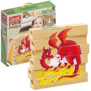 Quercetti Four Puzzle Fantastic Animals - Turn And Stack 6 Large Wooden Blocks To Create 4 Fantasy Animal Puzzles, Made In Italy, Designed For Toddlers And Little Kids Ages 2 Years And Up