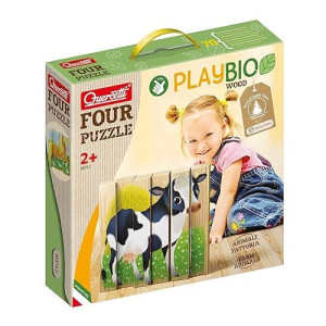 Quercetti Four Puzzle Farm Animals - Turn And Stack 6 Large Wooden Blocks To Create 4 Farm Animal Puzzles, Made In Italy, Designed For Toddlers And Little Kids Ages 2 Years And Up