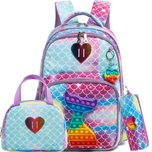 Mermaid Pop Fidget Backpack For Girls Push Popper Bubble Fidget Toy Backpacks For Elementary Student With Lunch Box 3 In 1 Bookb