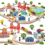 Tiny Land Train Set 110Pcs Wooden Train Set, Toy Train For Boys & Girls With Wooden Train Track, Wooden Toys For 3-7 Years Old Toddlers & Kids, Railway Set Christmas Toys For Kids