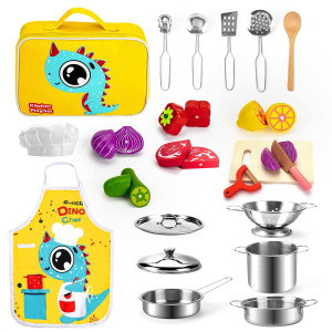 Kids Kitchen Accessories Wooden Food Cookware Play Kitchen Stainless Steel Cooking Set Kids Kitchen Pretend Play Toys With Po