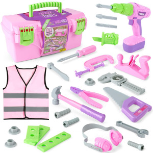 Kids Tool Set Pink Toy Tool Set For Girls With Electric Drill Hammer Planer Working Vest Accessories And Storage Box Const