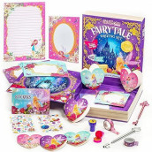 Girlzone Fairytale Writing Set, 45-Piece Fairy Stationery Kit With Paper Sheets, Cards, Stickers And Stampers In A Storybook Box, Magical Gift Idea