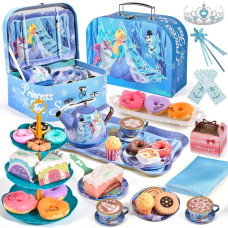 Golray Tea Party Set For Little Girls Frozen Toys Inspired Elsa Princess Gift 49Pcs Kid Tin Tea Set Luxury Food Playset Car