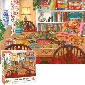 300 Piece Puzzles For Adults Senior Large Piece Cat Jigsaw Puzzles In A Puzzle 18 X 24 Donut Cozy Book Shelf For Puzzle Lovers