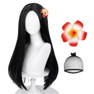 Long Straight Black Kids Wig With Flower Hair Clip Wigs For Girls Kids Toddler Cosplay Synthetic Hair Hair Net For Halloween