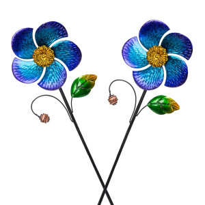 Viveta 2 Pack Wind Spinners With Metal Stake 287 Inches Outdoor Garden Pinwheels Spinners Blue Flower Shape Design For Yard La