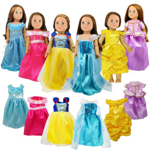 18 Inch Doll Clothes Accessories 6Pcs Different Princess Costume Include Bella Cinderella Snow White Rapunzel Princess Elsa And