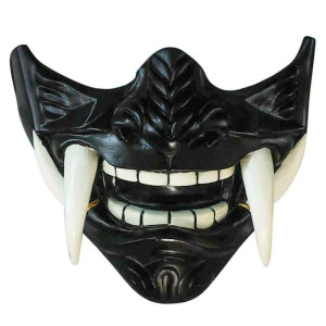 Asky Japanese Hannya Mask Demon Oni Samurai Noh Kabuki Prajna Devil Half Face Mask Cosplay Black