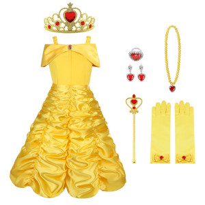 Aomig Princess Dress Up Costume9Pcs Princess Costume Dress Up With Accessories Belle Princess Dress For Girls Halloween Birthd