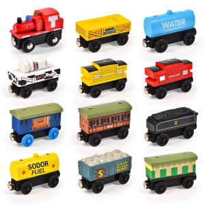 Atoylink 12Pcs Wooden Train Set Magnetic Train Toys For Toddlers Kids Engine Vehicles Toy Train Cars For Boys Girls Compatible W