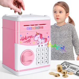 Gudoqi Password Piggy Bank Digital Electronic Money Bank Mini Atm Cash Coin Saving Can Toys Birthday Gifts For Kids Pink Uni