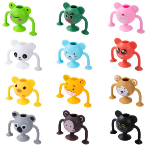 12 Pcs Silicone Suction Toys Pop Sucker Toys Soft Silicone Building Blocks Suction Toy With Animal Shape For Stress Release