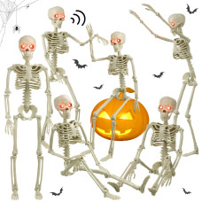 6 Pcs Halloween Skeleton With Light Eyes Head Making Sounds Full Body Human Plastic Bones Skeleton Decor Plastic Skeleton Hangin