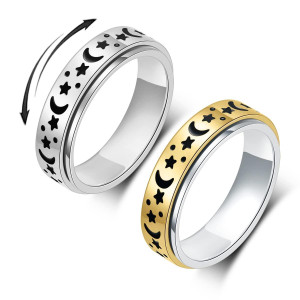 OreilleStar Anxiety Ring for Women Fidget Ring: Spinner Rings Stainless Steel Moon Star Fidgit Ring for Women gold Silver Rainbow Rose gold Black Size 6 7 8 9 10 (6, Moon Star-gold)