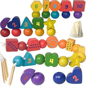 Extasticks Wooden Lacing Beads Toy For Toddlers Montessori Stringing Bead Toys For Preschool Threading Strings Activity With Numbers