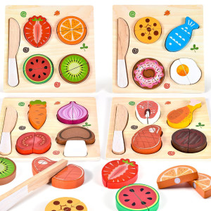 Atoylink Wooden Cutting Play Food For Kids Toddlers Peg Puzzles Cutting Fruits Vegetables Set Kitchen Toys Preschool Educational