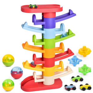 Fun Little Toys 9 Layer Car Ramp Toy Set With 3 Mini Cars 3 Spiral Swirl Ball And 3 Spinning Activity Balls Drop And Go Ball Dr