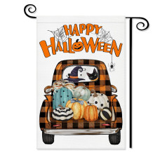 Happy Halloween Truck Garden Flag 12X18 Double Sided Buffalo Plaid Pickup Pumpkin Cat Outdoor Yard Flag Decor Orange Truck Sea