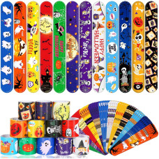 Junebrushs 56 Pack Halloween Slap Bracelets For Halloween Slap Bands Wristband Halloween Party Favors Snap Bracelets Bulk For Bo