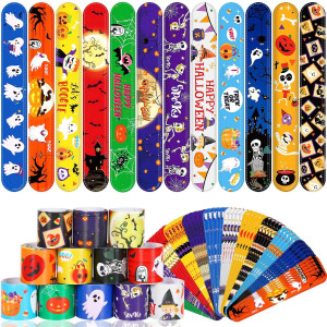 Junebrushs 56 Pack Halloween Slap Bracelets For Halloween Slap Bands Wristband Halloween Party Favors Snap Bracelets Bulk For Bo