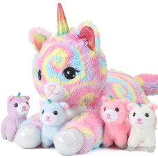 22Inch Unicorn Stuffed Animals Cat Plush For Girls Momma Cat Plushie With 4Pcs Baby Kitty Toys 5 In 1 Surprise Gifts Playset