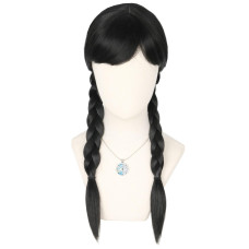 Topcosplay Kids Girls Wednesday Wig Black Long Straight With 2 Braids Halloween Costume Wigs