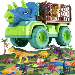 Eppo Dinosaur Truck Playset Toys For Kids 35 Large Triceratops Vehicle With 8 Jurassic Dinosaurs Activity Play Mat Dinosaur