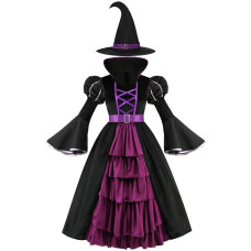 Yolsun Purple Witch Costume For Girls Bubble Sleeve Halloween Witch Dress For Kids 46 Years Purple