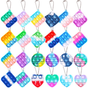 Mini Small Pop Bulk Fidget Party Favors Keychain Toys 24 Pack Square Heart Push Bubble Toy Tiny Key Chain Anxiety Stress Bag Che