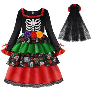 Relibeauty Kids Day Of The Dead Costume For Girls Sugar Skull Costume With Flower Headband 140