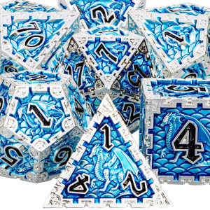 Aruohha 7Pcs Dnd Metal Dice Set Dragon Design Blue Polyhedral Dice Set For Dungeons And Dragons Rpg Role Playing Game 6 Sided D