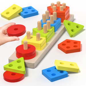 Pigipigi Montessori Toys Toddler Gift Wooden Blocks Sorting Stacking Toy For 1 2 3 4 Years Old Baby Boys Girls Learning Shape